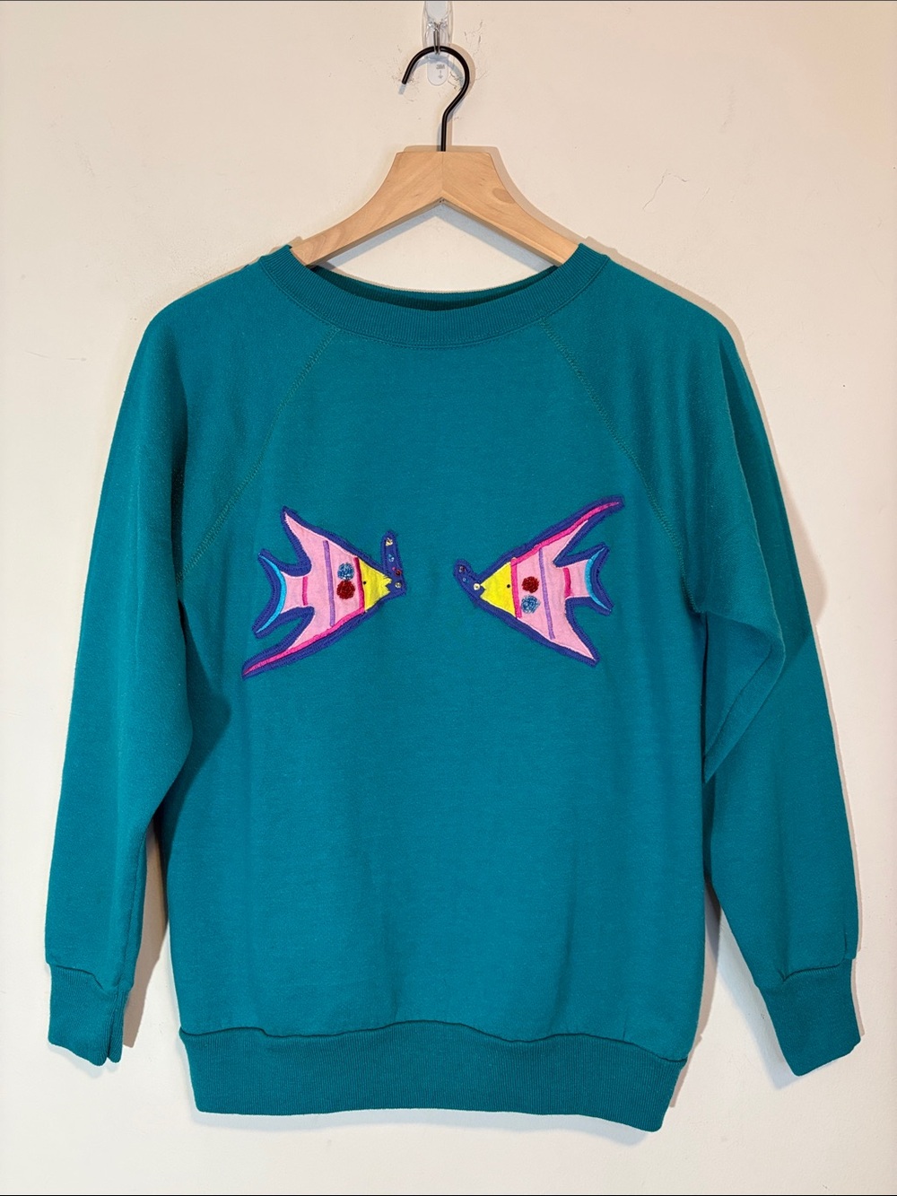 Sea Teal Blue Fish Appliqué Embroidery Beaded Sequin Crewneck Vintage Upcycle